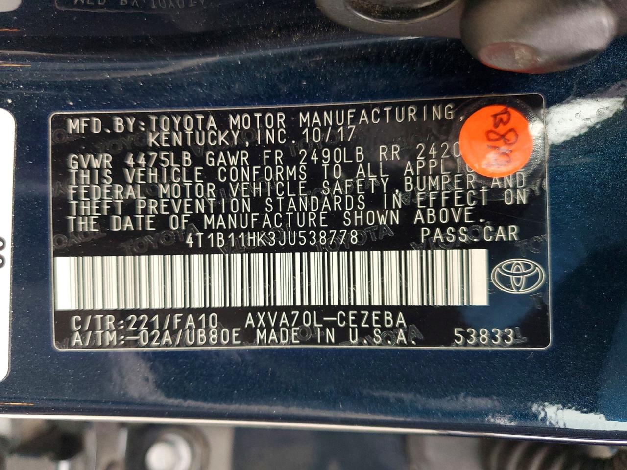 2018 TOYOTA CAMRY L photo 13
