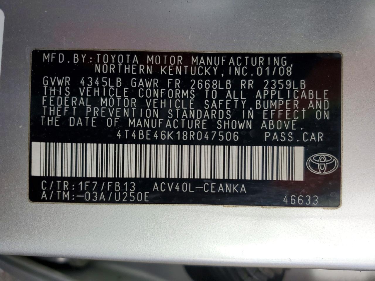 2008 TOYOTA CAMRY CE photo 12