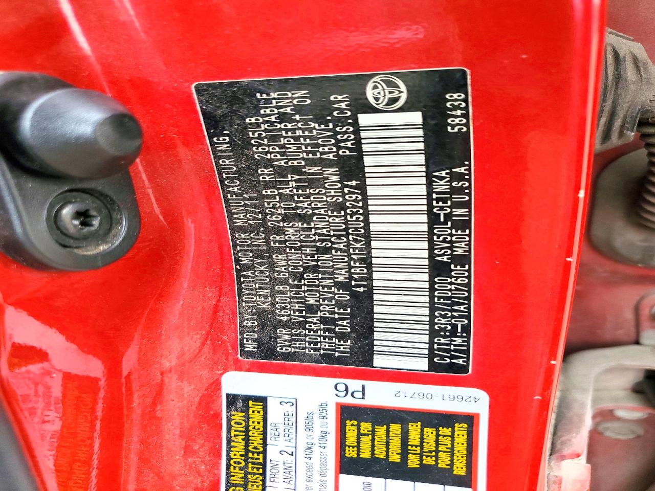 2012 TOYOTA CAMRY BASE photo 12