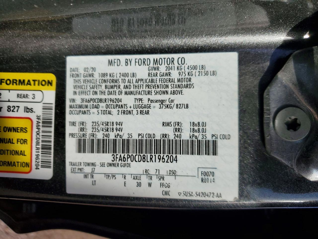 2020 FORD FUSION SEL photo 12
