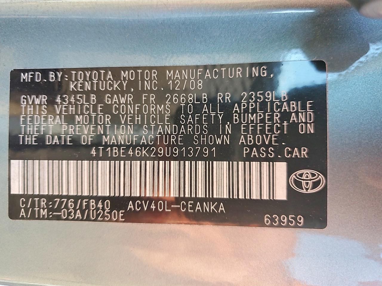 2009 TOYOTA CAMRY BASE photo 12