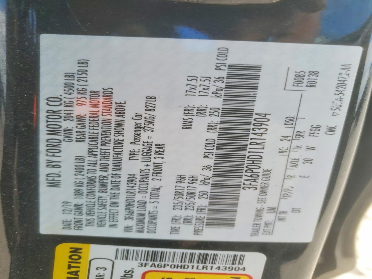 2020 FORD FUSION SE photo 12