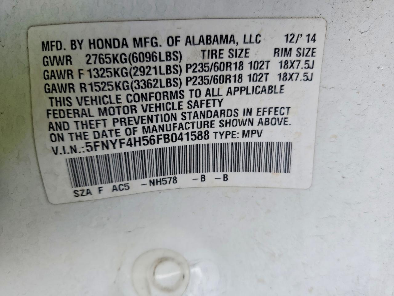 2015 HONDA PILOT EXL photo 13