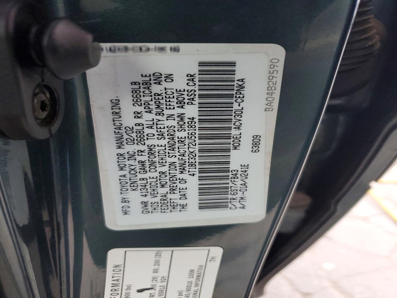 2002 TOYOTA CAMRY LE photo 12