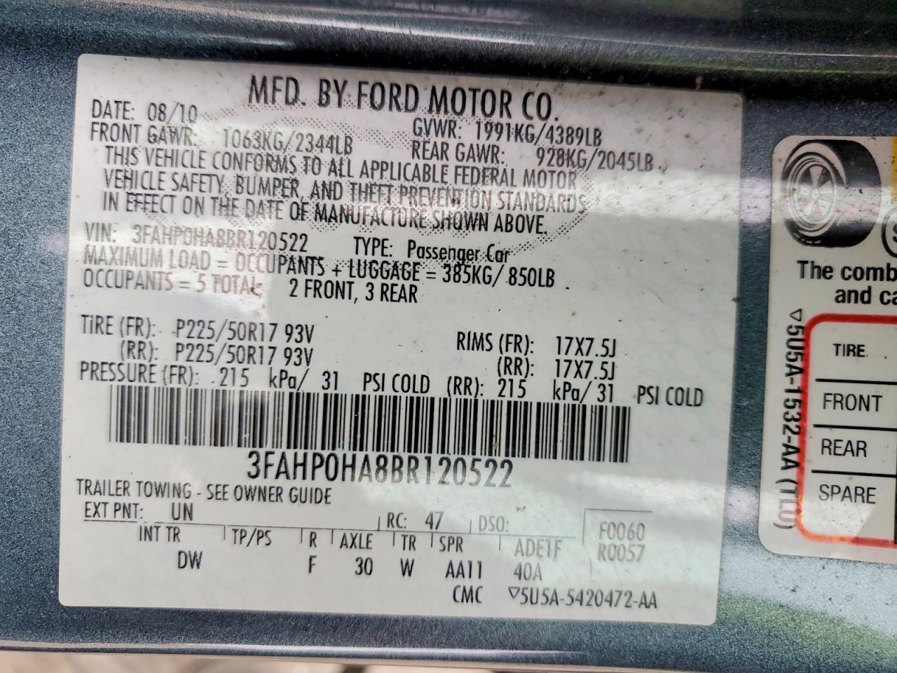 2011 FORD FUSION SE photo 23