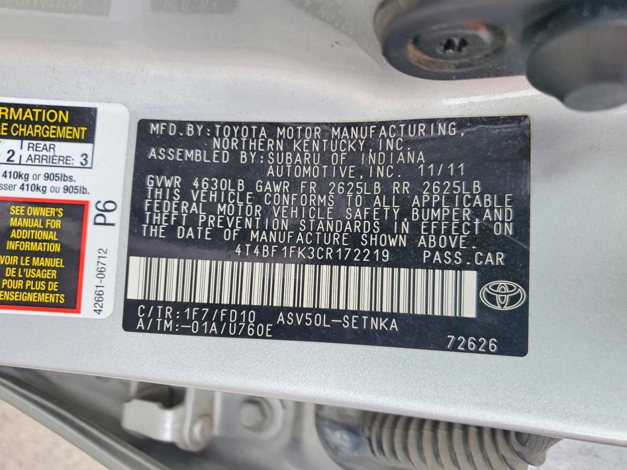 2012 TOYOTA CAMRY BASE photo 12