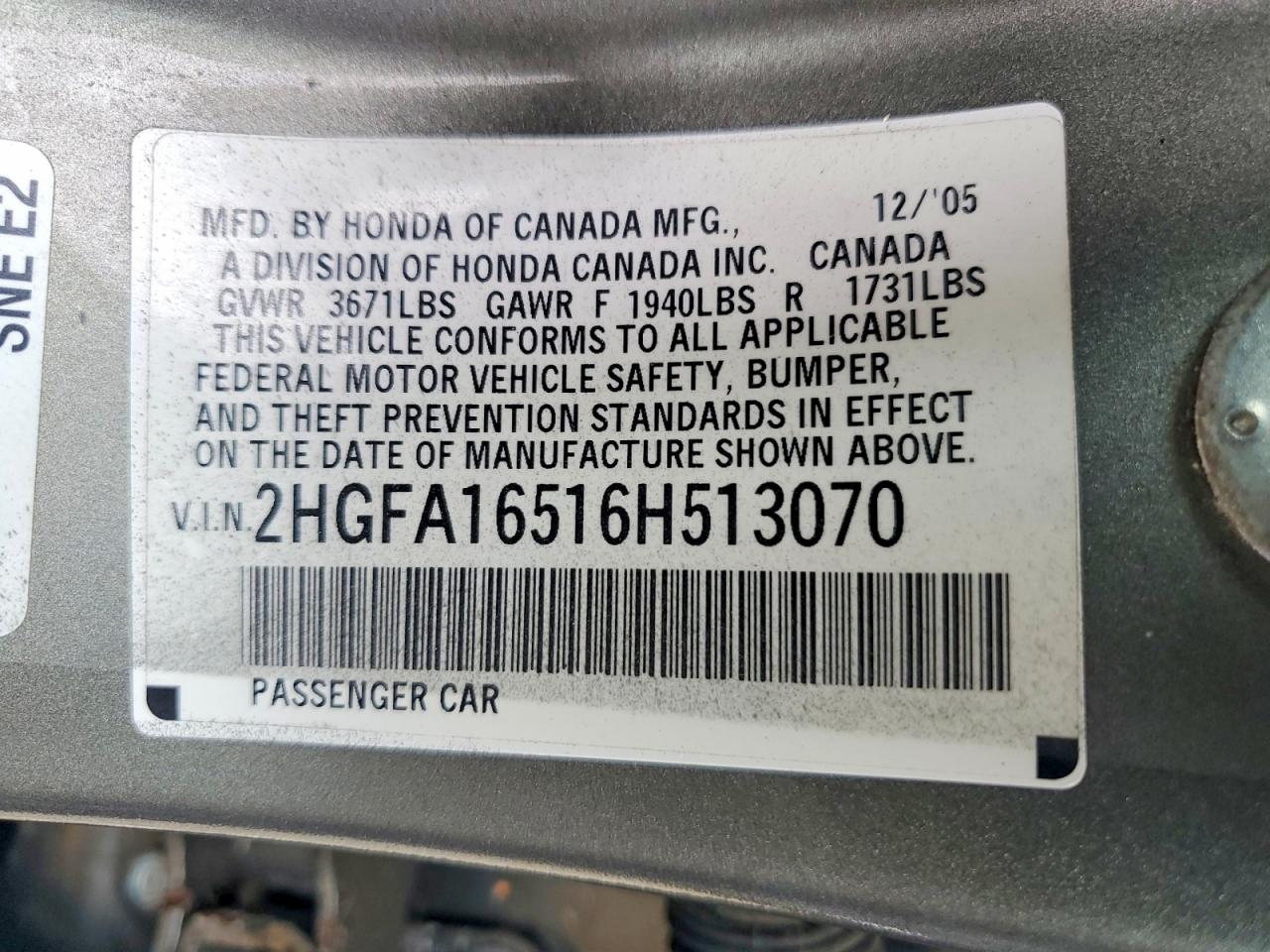 2006 HONDA CIVIC LX photo 12