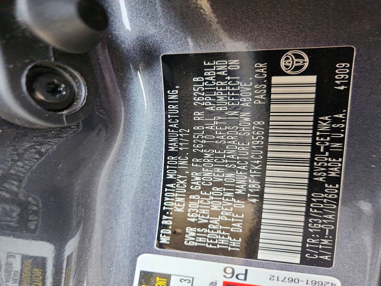 2012 TOYOTA CAMRY BASE photo 12
