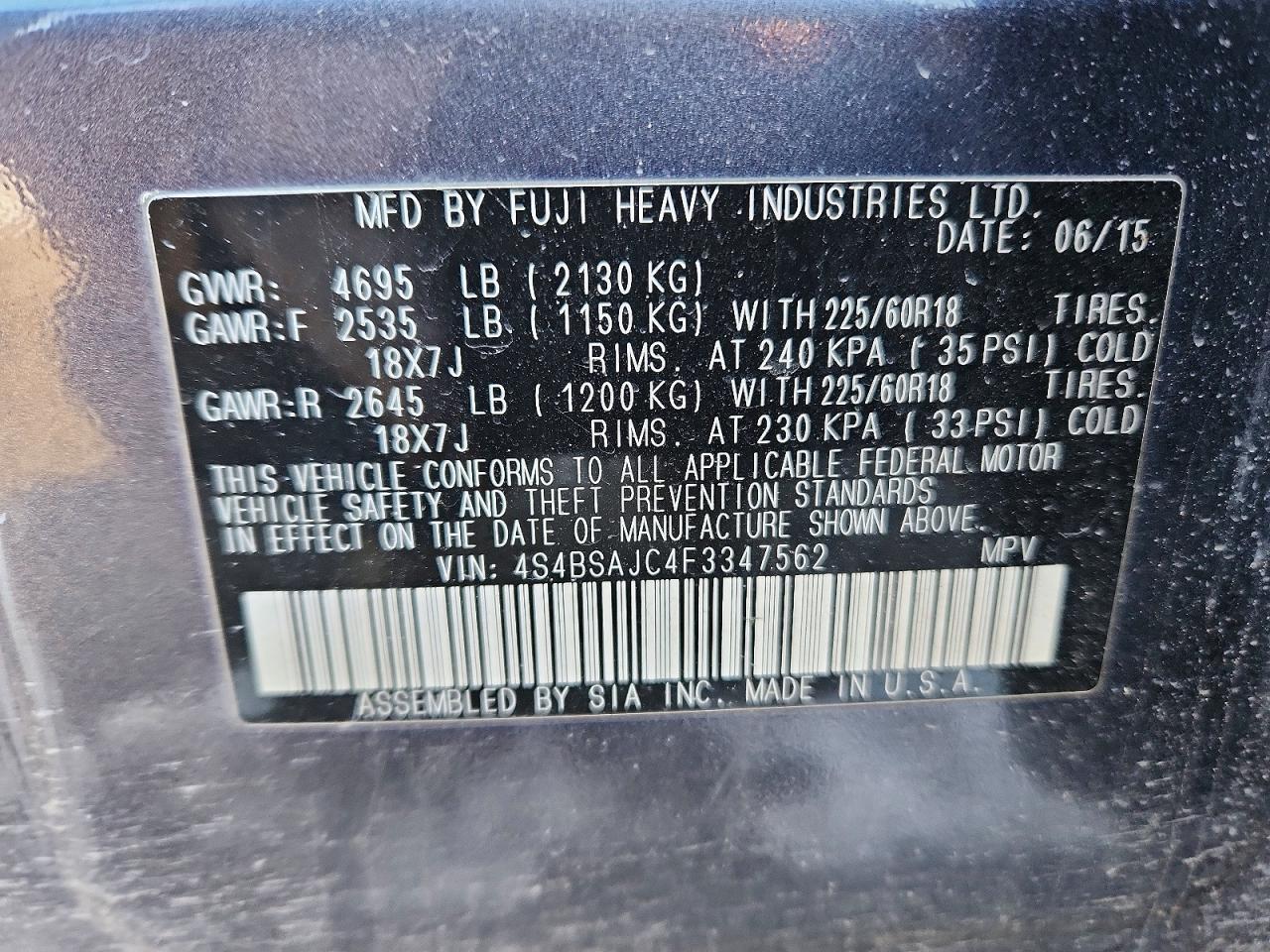 2015 SUBARU OUTBACK 2.5I LIMITED photo 14