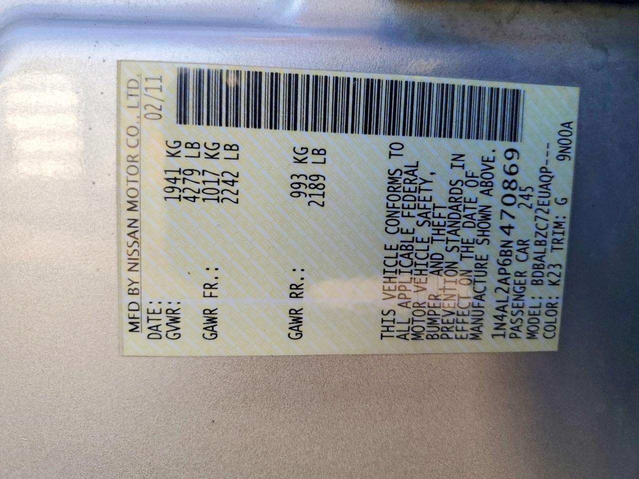2011 NISSAN ALTIMA BASE photo 12