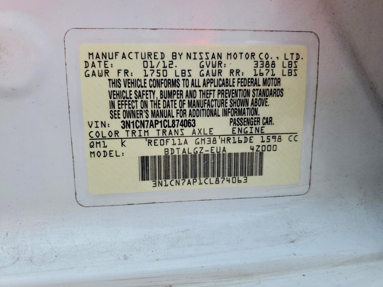 2012 NISSAN VERSA S photo 12