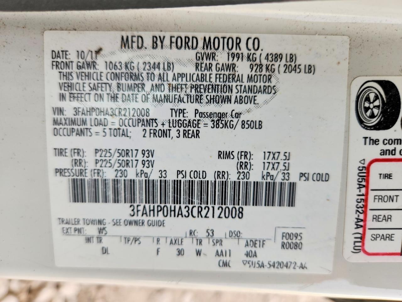 2012 FORD FUSION SE photo 12