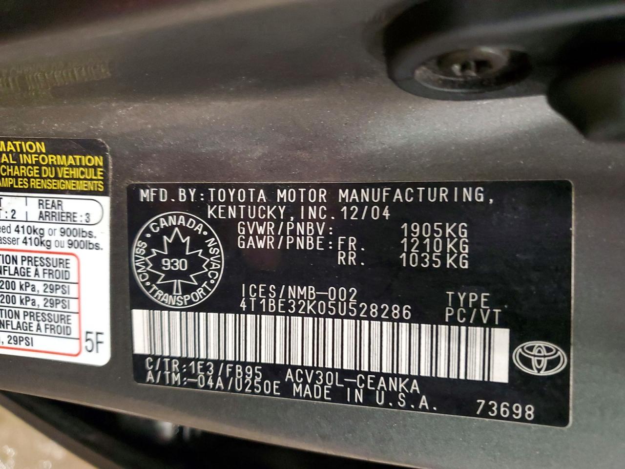 2005 TOYOTA CAMRY LE photo 12