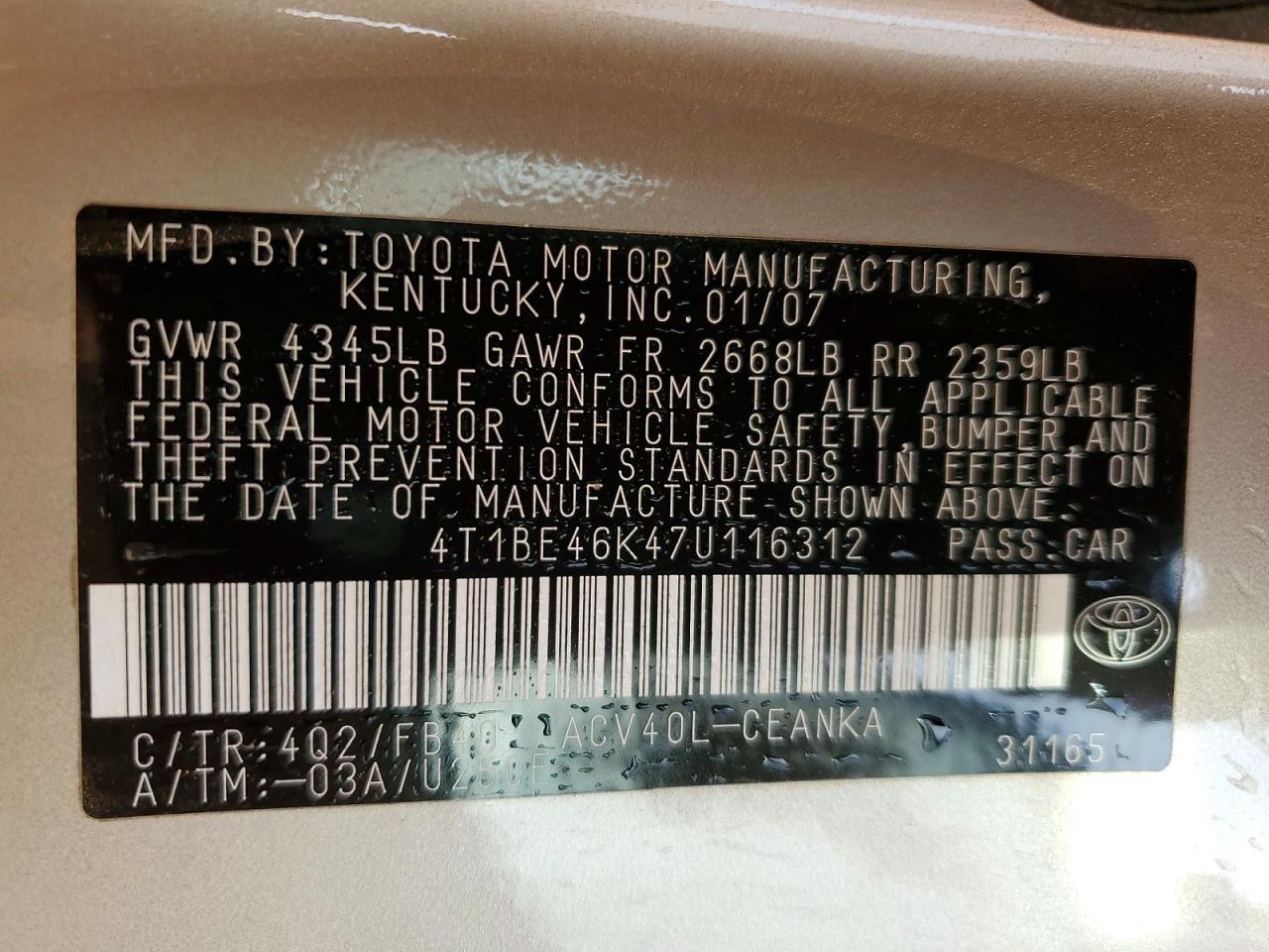 2007 TOYOTA CAMRY CE photo 12