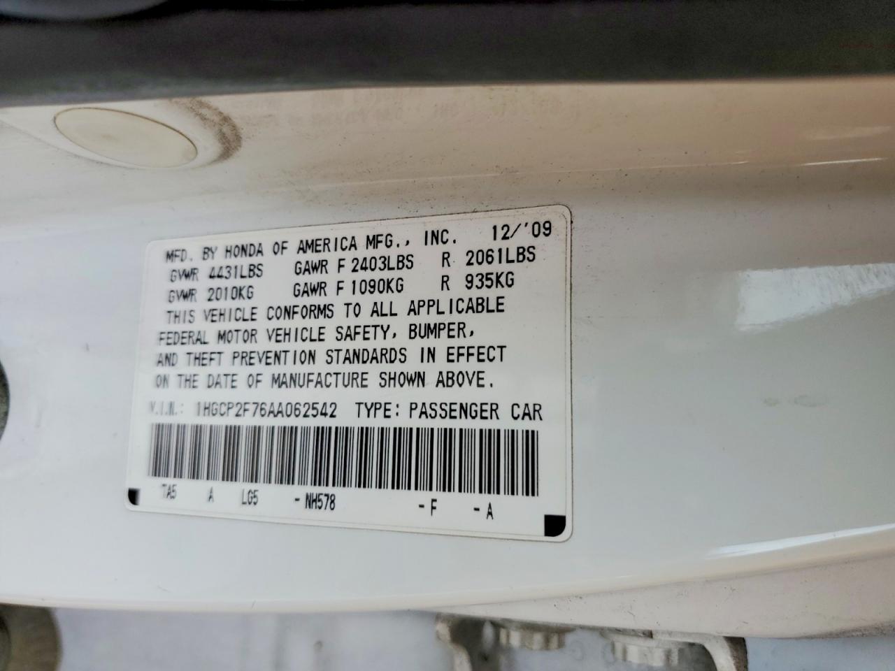 2010 HONDA ACCORD photo 12