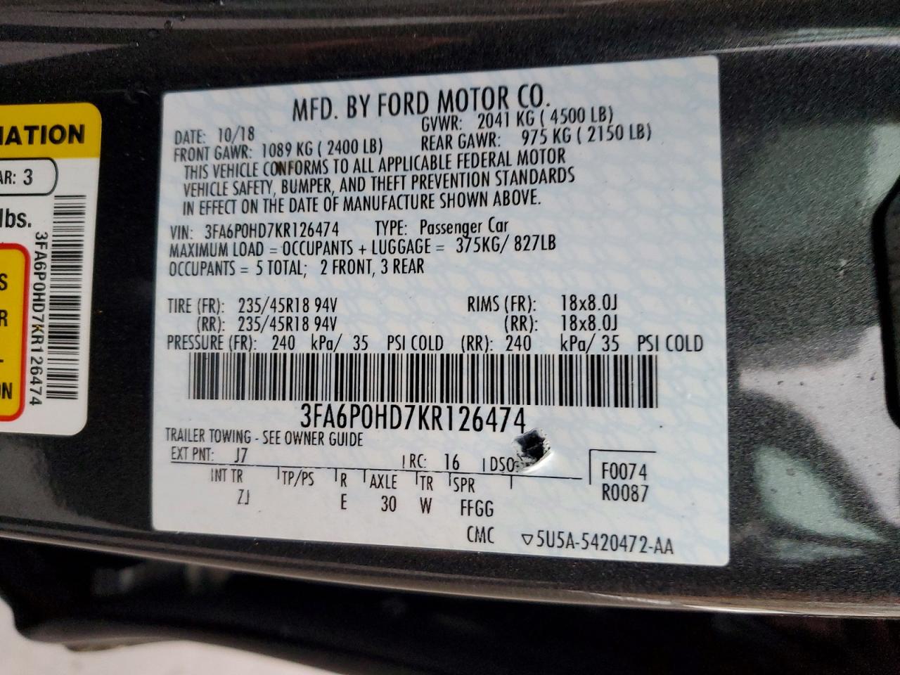 2019 FORD FUSION SE photo 12