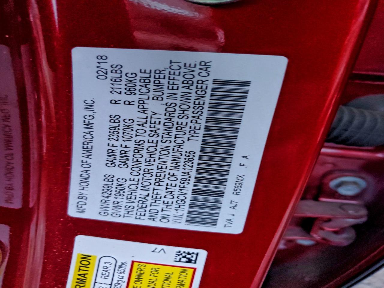 2018 HONDA ACCORD EXL photo 12