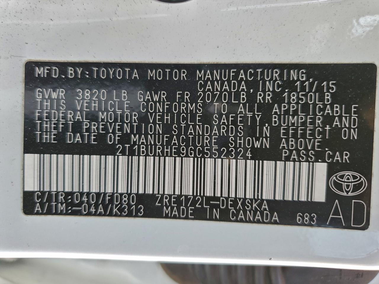 2016 TOYOTA COROLLA L photo 13