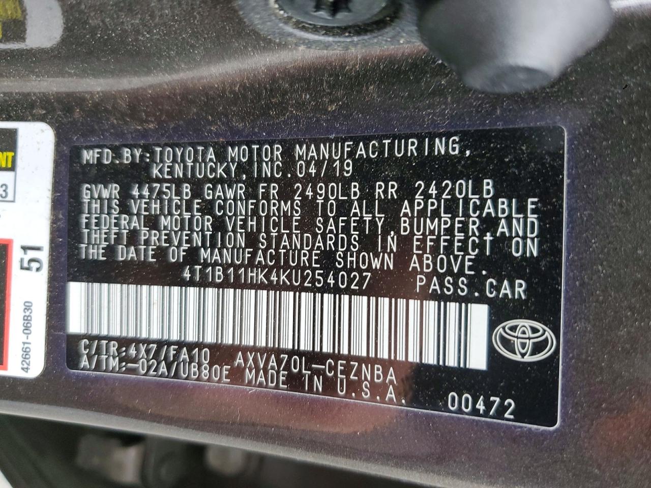 2019 TOYOTA CAMRY L photo 23