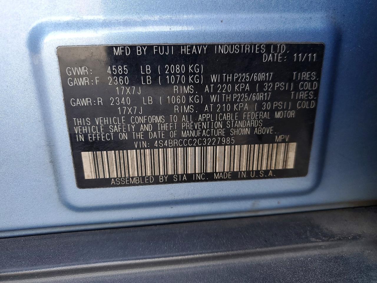 2012 SUBARU OUTBACK 2.5I PREMIUM photo 12