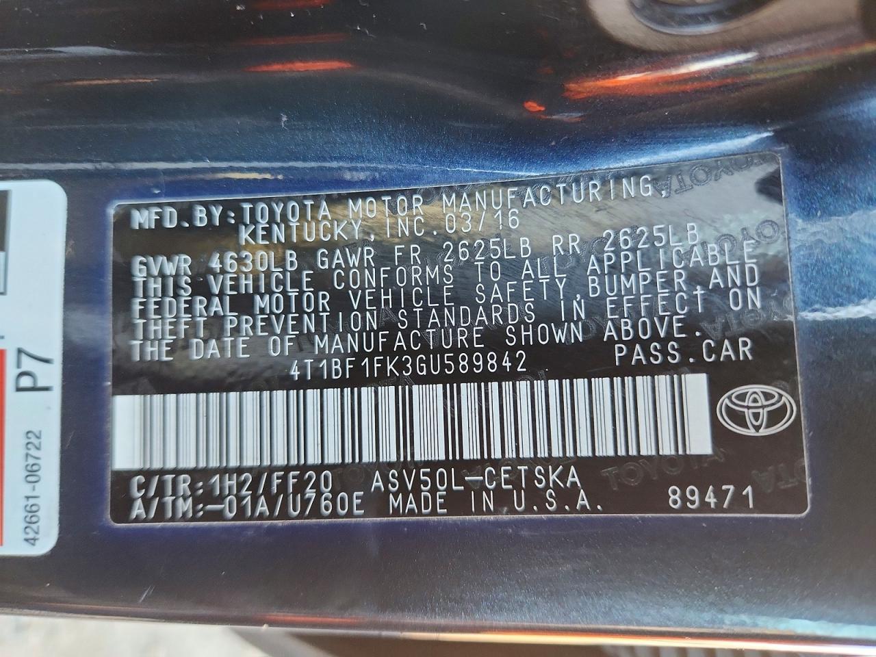 2016 TOYOTA CAMRY LE photo 12
