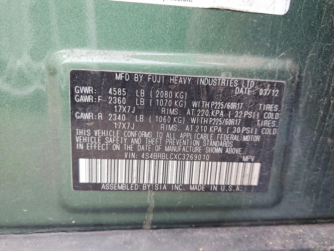 2012 SUBARU OUTBACK 2.5I LIMITED photo 12