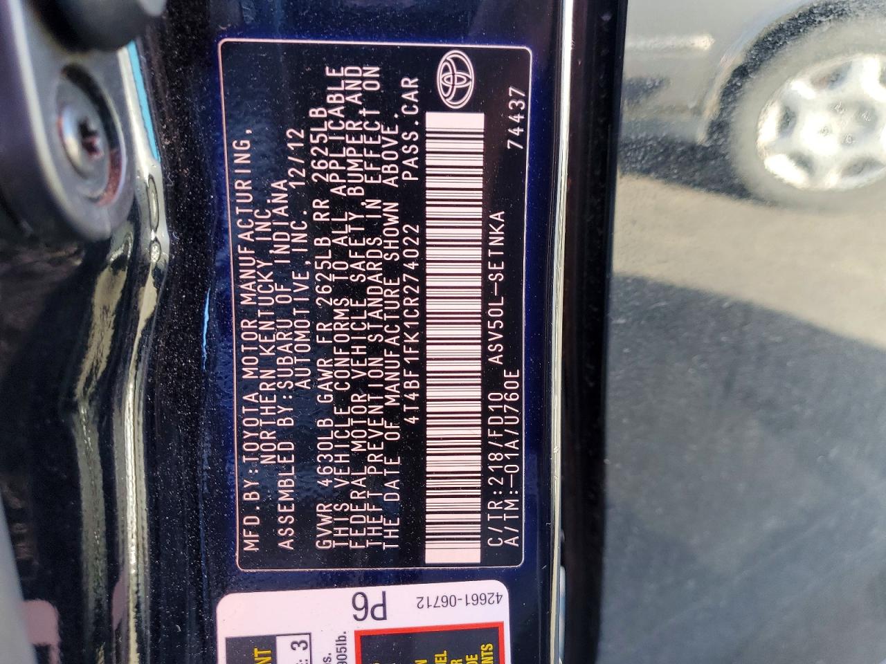 2012 TOYOTA CAMRY BASE photo 12