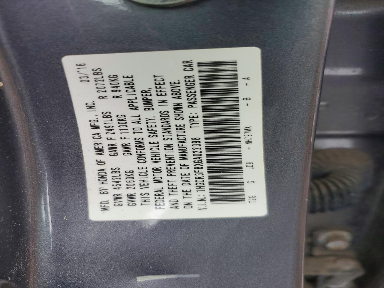 2016 HONDA ACCORD EXL photo 12