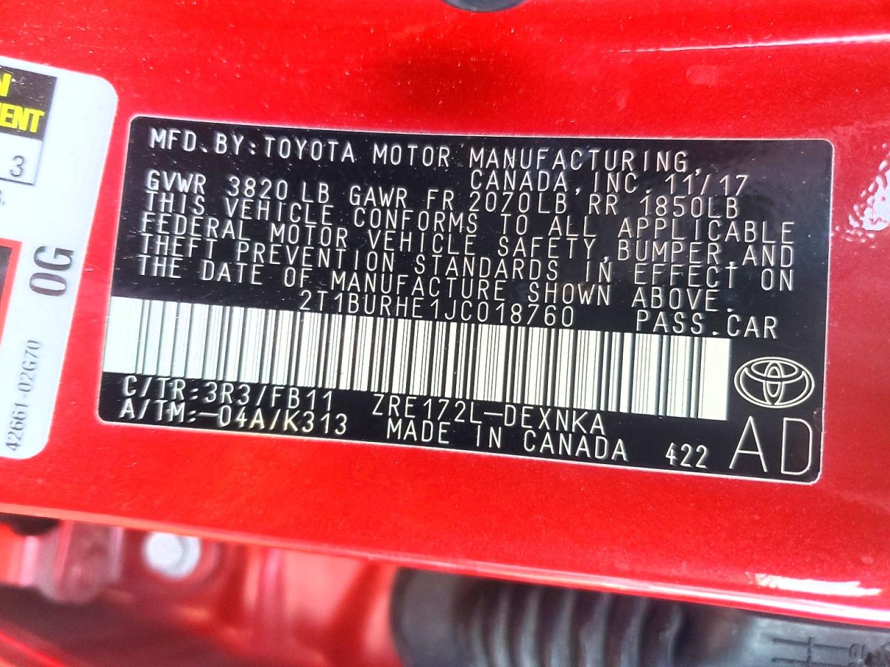 2018 TOYOTA COROLLA L photo 12