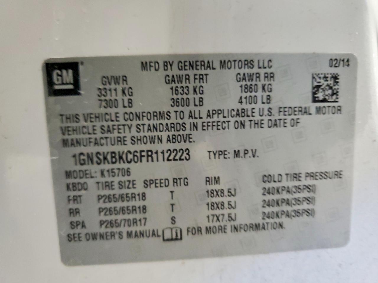 2015 CHEVROLET TAHOE K1500 LT photo 14