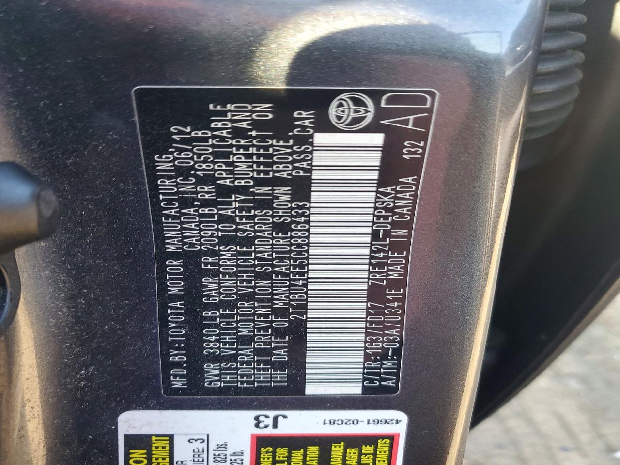 2012 TOYOTA COROLLA BASE photo 12