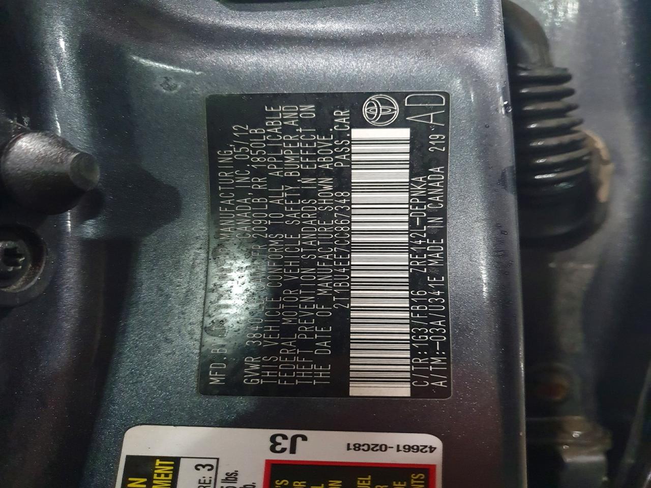 2012 TOYOTA COROLLA BASE photo 12