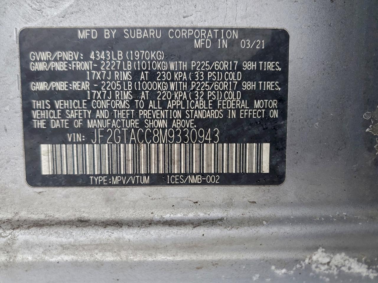 2021 SUBARU CROSSTREK PREMIUM photo 12