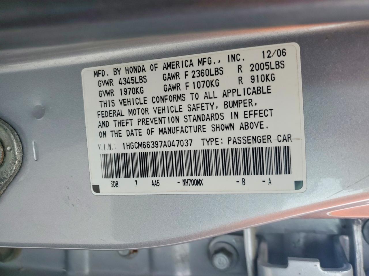 2007 HONDA ACCORD LX photo 23