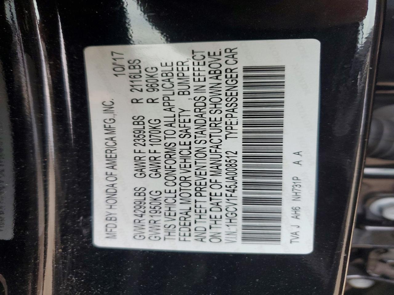 2018 HONDA ACCORD EX photo 12