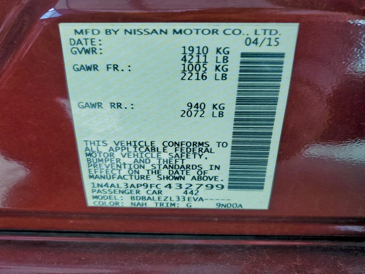 2015 NISSAN ALTIMA 2.5 photo 13