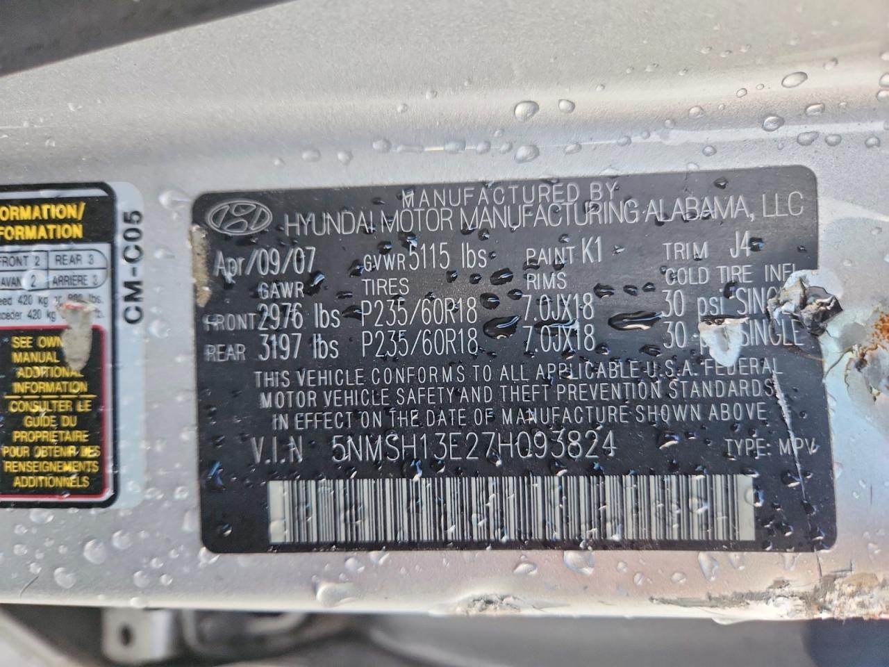 2007 HYUNDAI SANTA FE SE photo 13