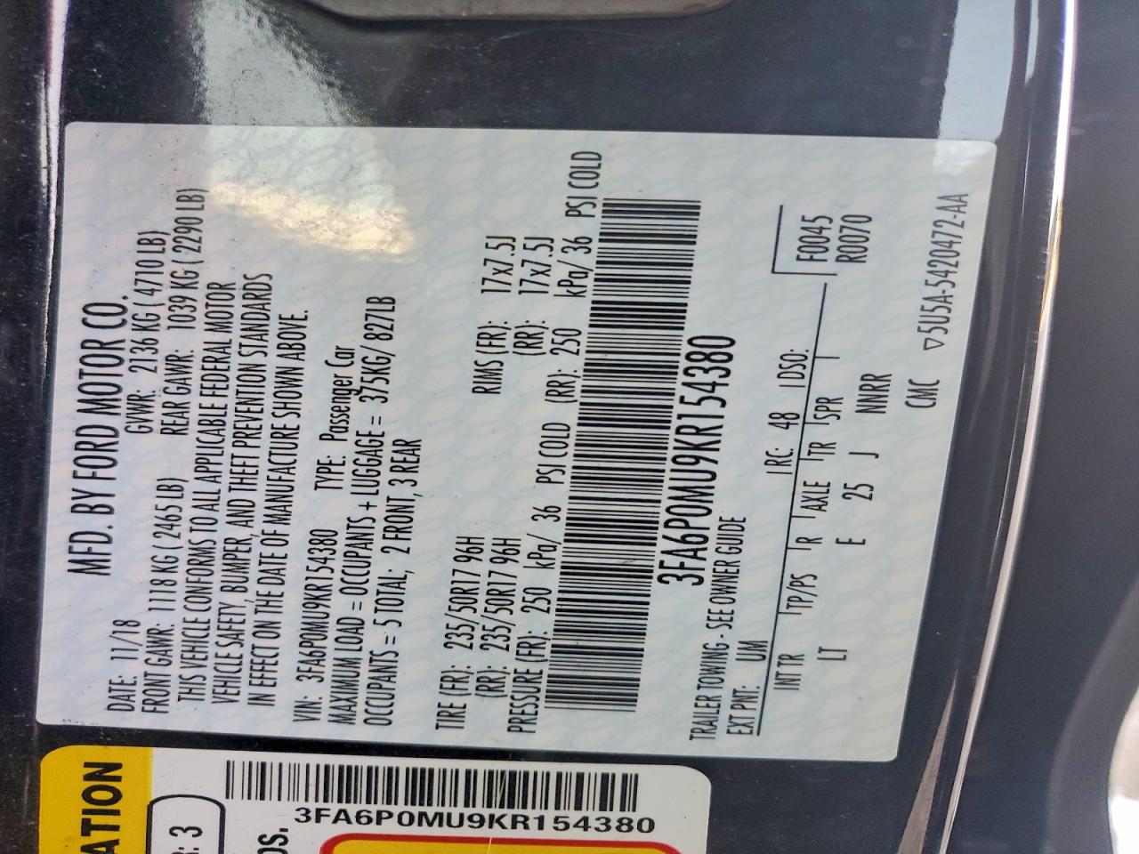 2019 FORD FUSION SEL photo 12