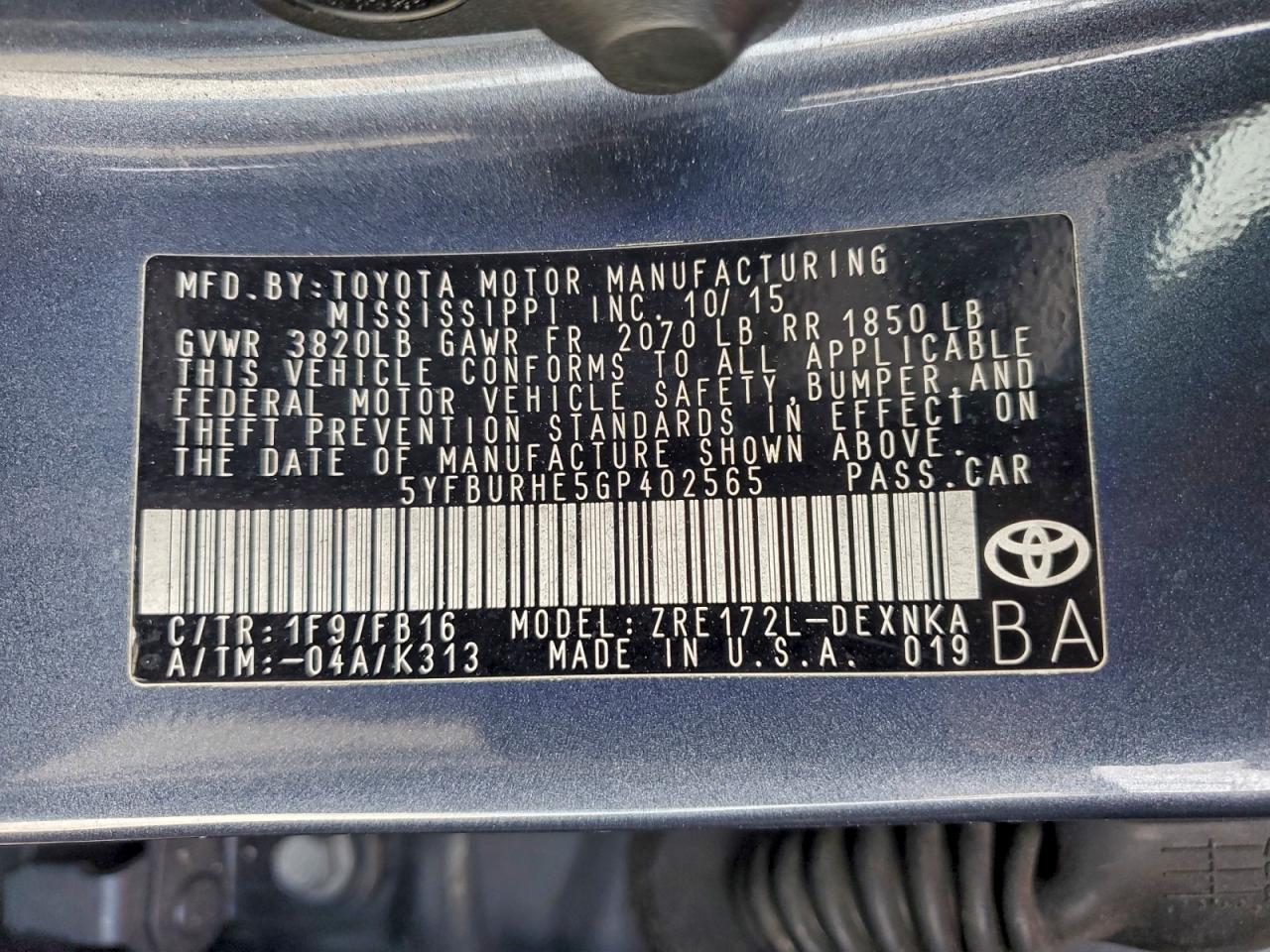 2016 TOYOTA COROLLA L photo 12