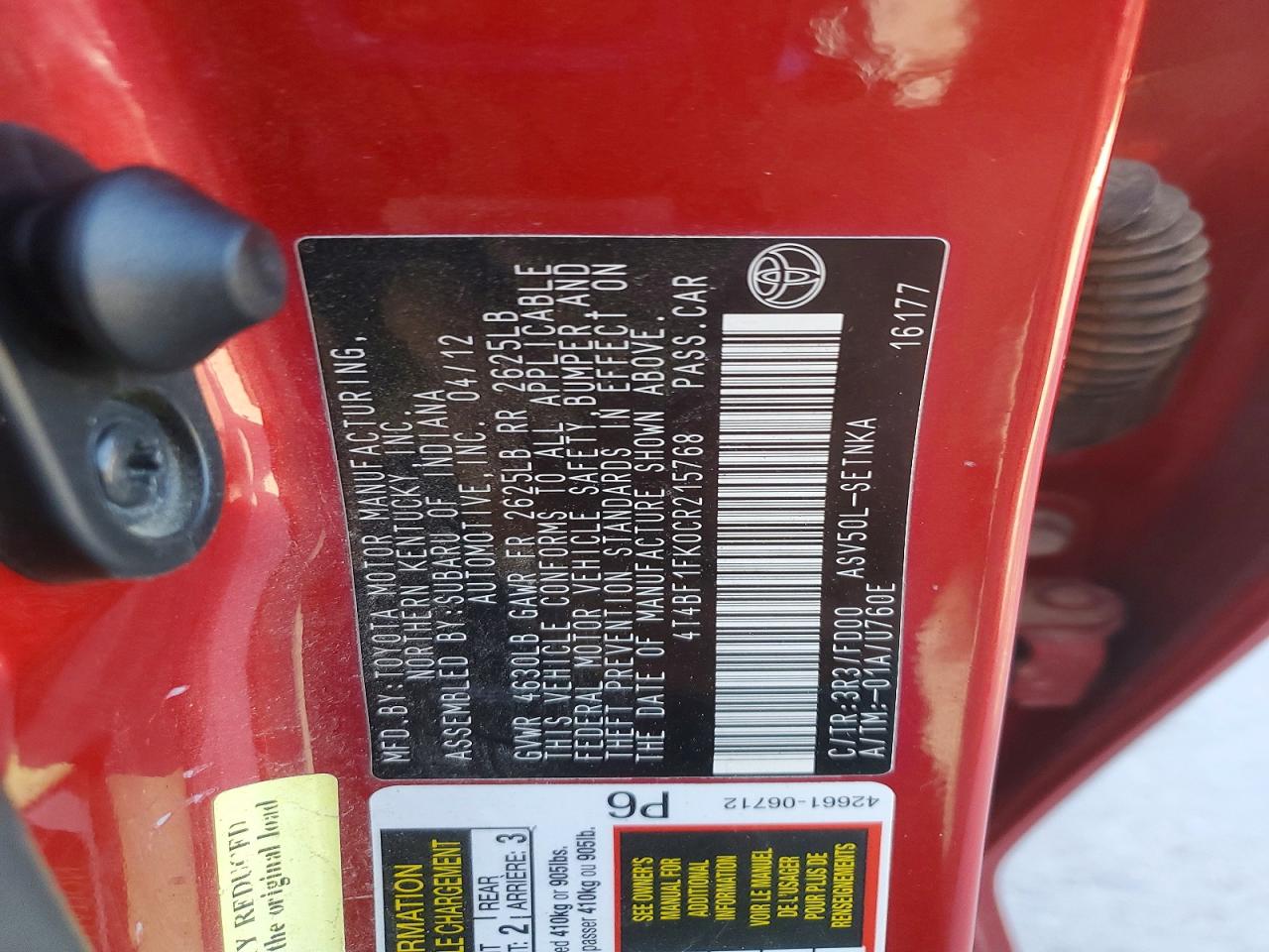2012 TOYOTA CAMRY BASE photo 12