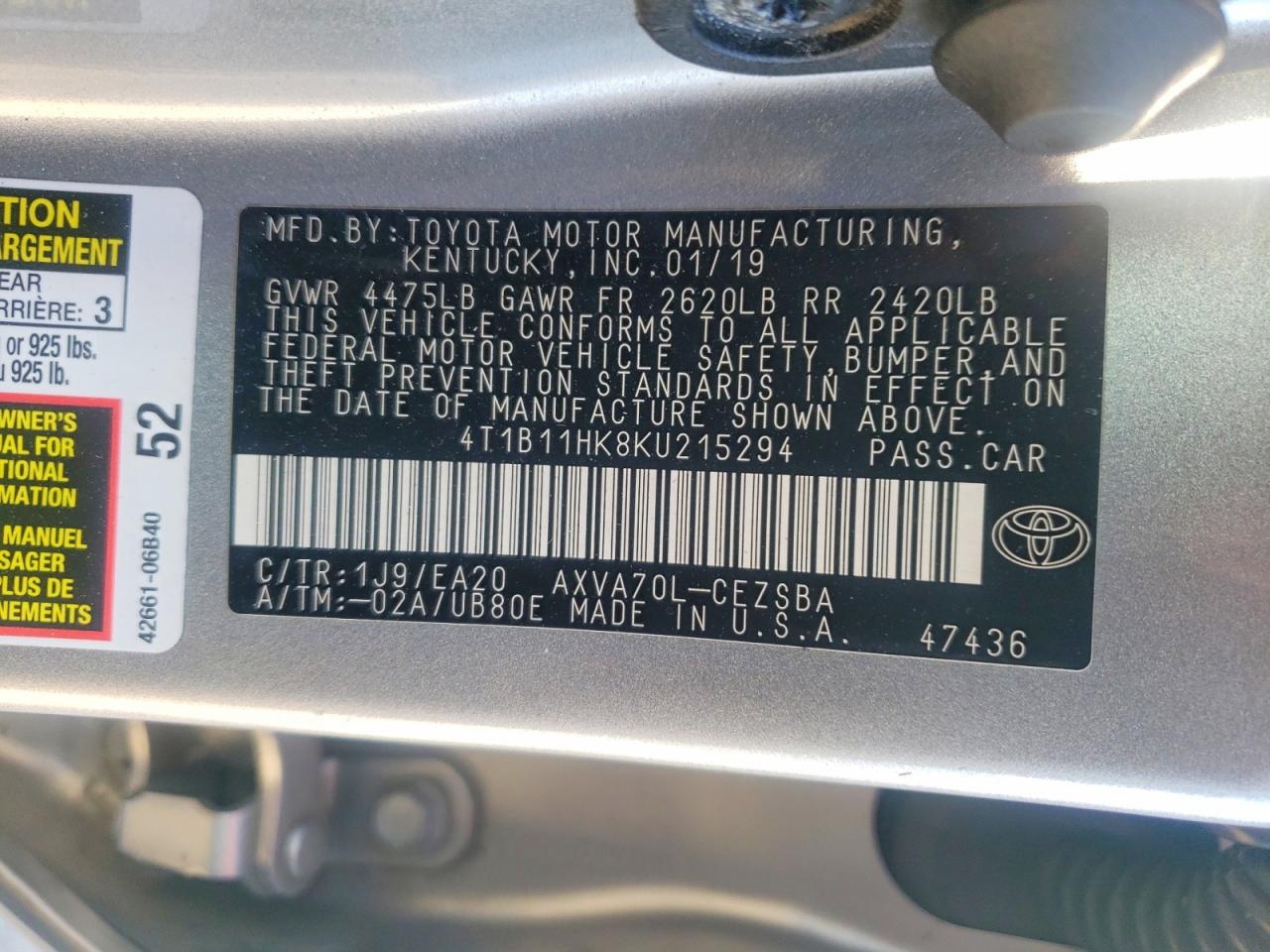 2019 TOYOTA CAMRY L photo 12