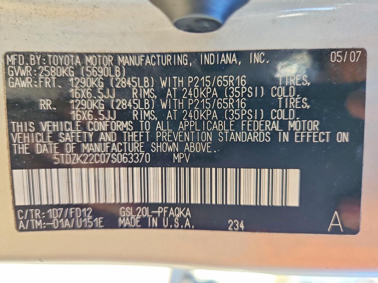 2007 TOYOTA SIENNA XLE photo 14
