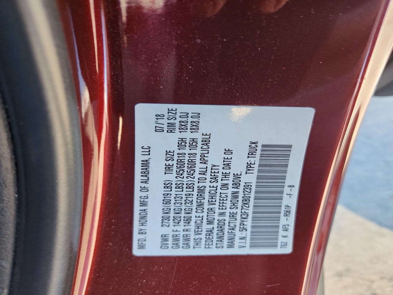 2019 HONDA RIDGELINE RTL photo 12