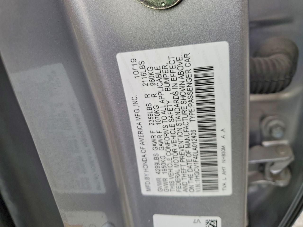 2020 HONDA ACCORD EX photo 12