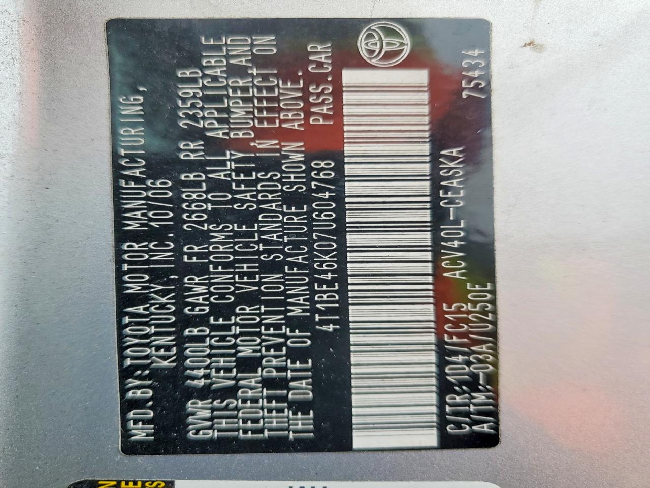 2007 TOYOTA CAMRY CE photo 12