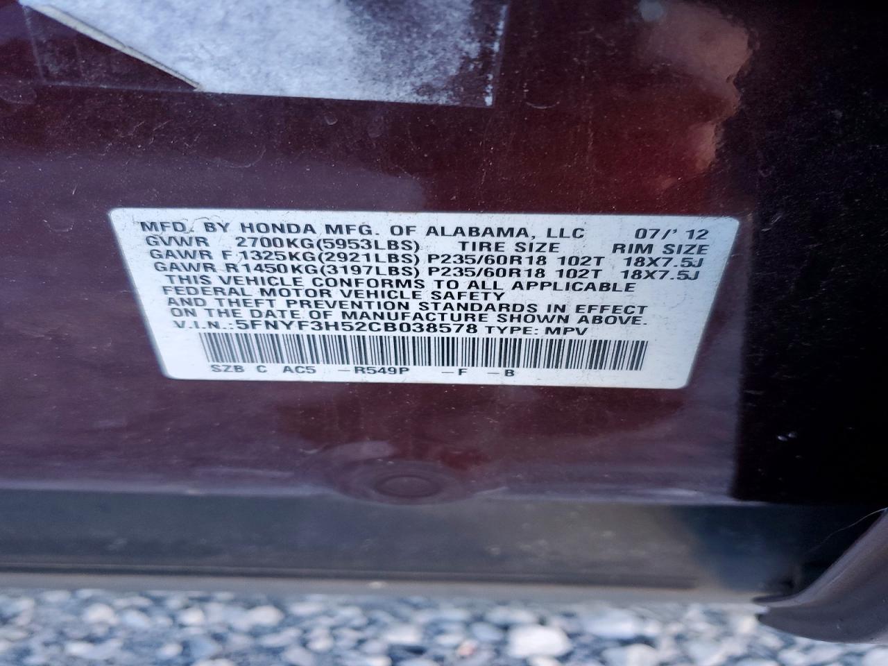 2012 HONDA PILOT EXL photo 12
