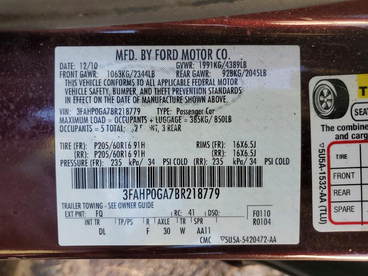 2011 FORD FUSION S photo 12