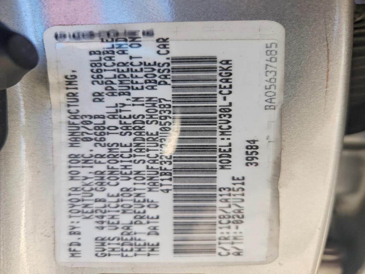 2003 TOYOTA CAMRY XLE V6 photo 12