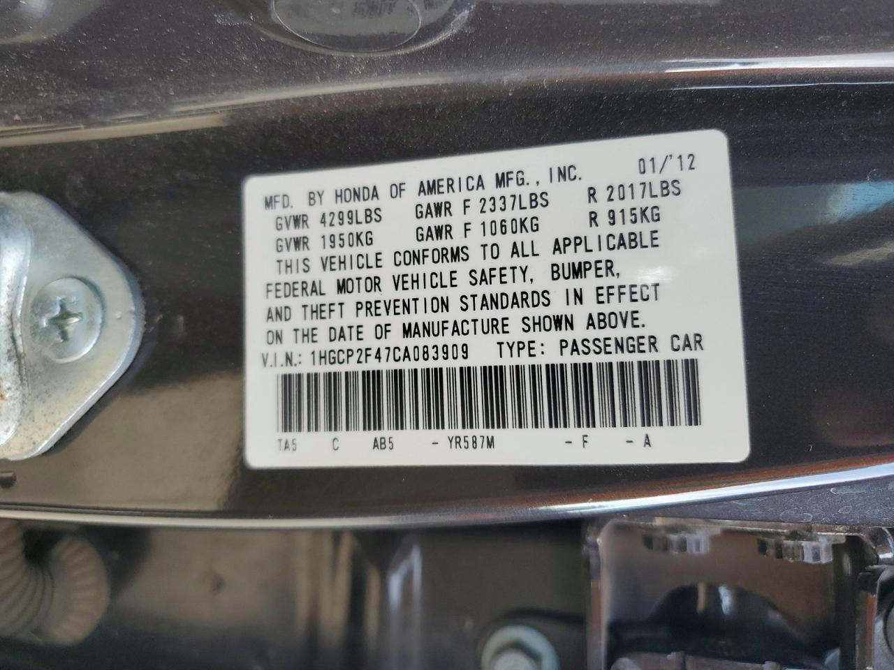 2012 HONDA ACCORD LXP photo 12