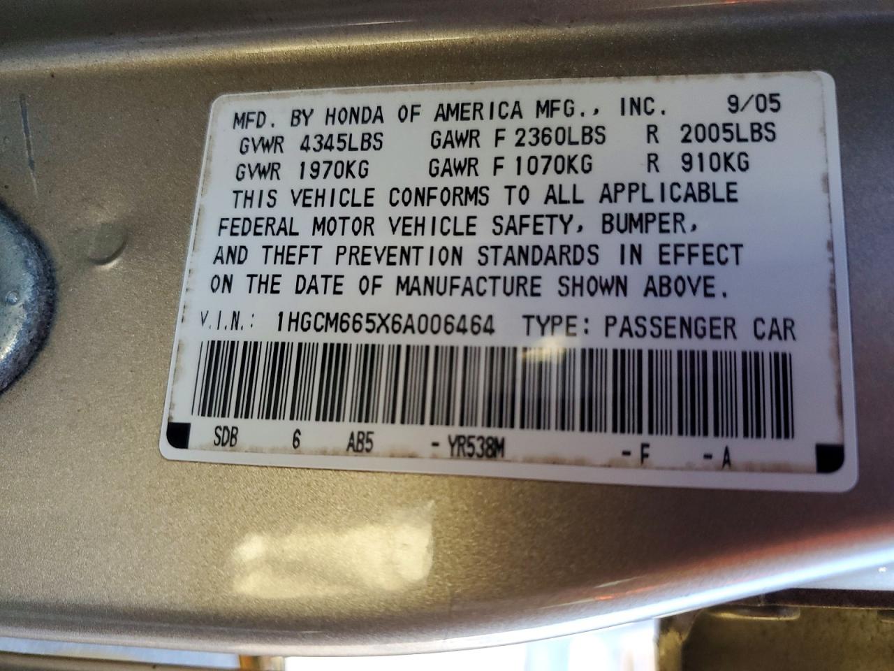 2006 HONDA ACCORD EX photo 12
